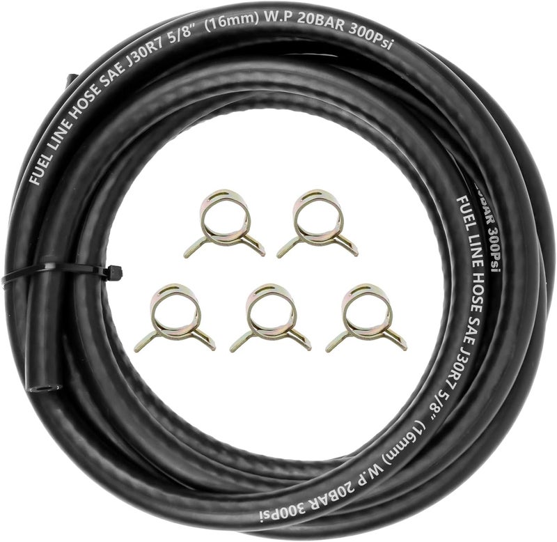 MSLANE خرطوم خط الوقود 5/8" ID 20 قدم مع 5 قطع من المشابك، أداء عالي 300 PSI، قفل دفع معزز من مطاط NBR لخط الوقود للجزازات/المزارع/جرارات ATV ومعدات المحركات الصغيرة الأخرى - Image 1